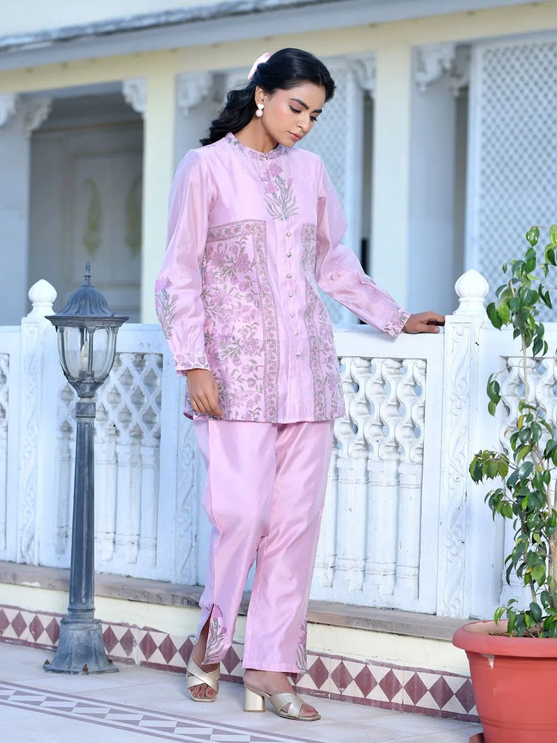 Women Soft Pink Chanderi Block Printed Cord Set (Set of 5 Pc)