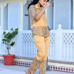 Women Cream Henna Linen Digital Printed Co-ord Set (Set of 5 Pc)