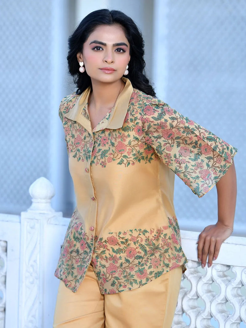 Women Cream Henna Linen Digital Printed Co-ord Set (Set of 5 Pc)