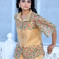 Women Cream Henna Linen Digital Printed Co-ord Set (Set of 5 Pc)