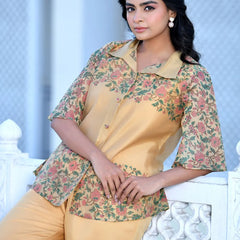 Women Cream Henna Linen Digital Printed Co-ord Set (Set of 5 Pc)