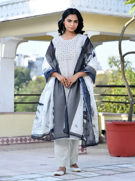 Women Grey Monotone Organza Digital Printed Suit Set (Set of 5 Pc)