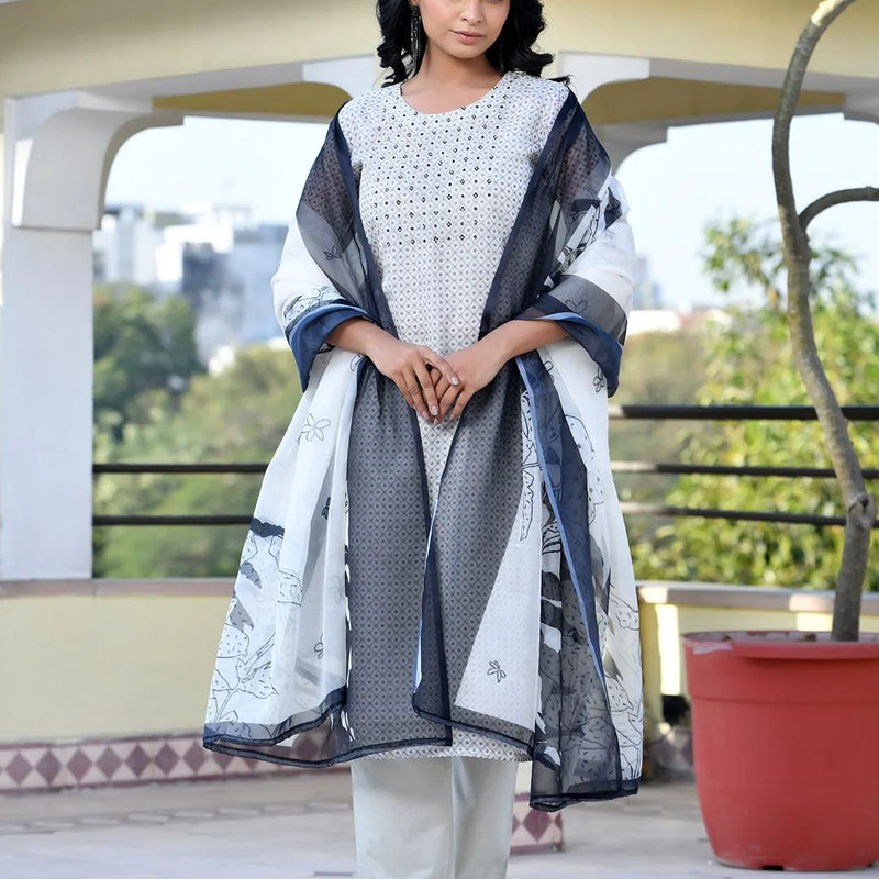 Women Grey Monotone Organza Digital Printed Suit Set (Set of 5 Pc)