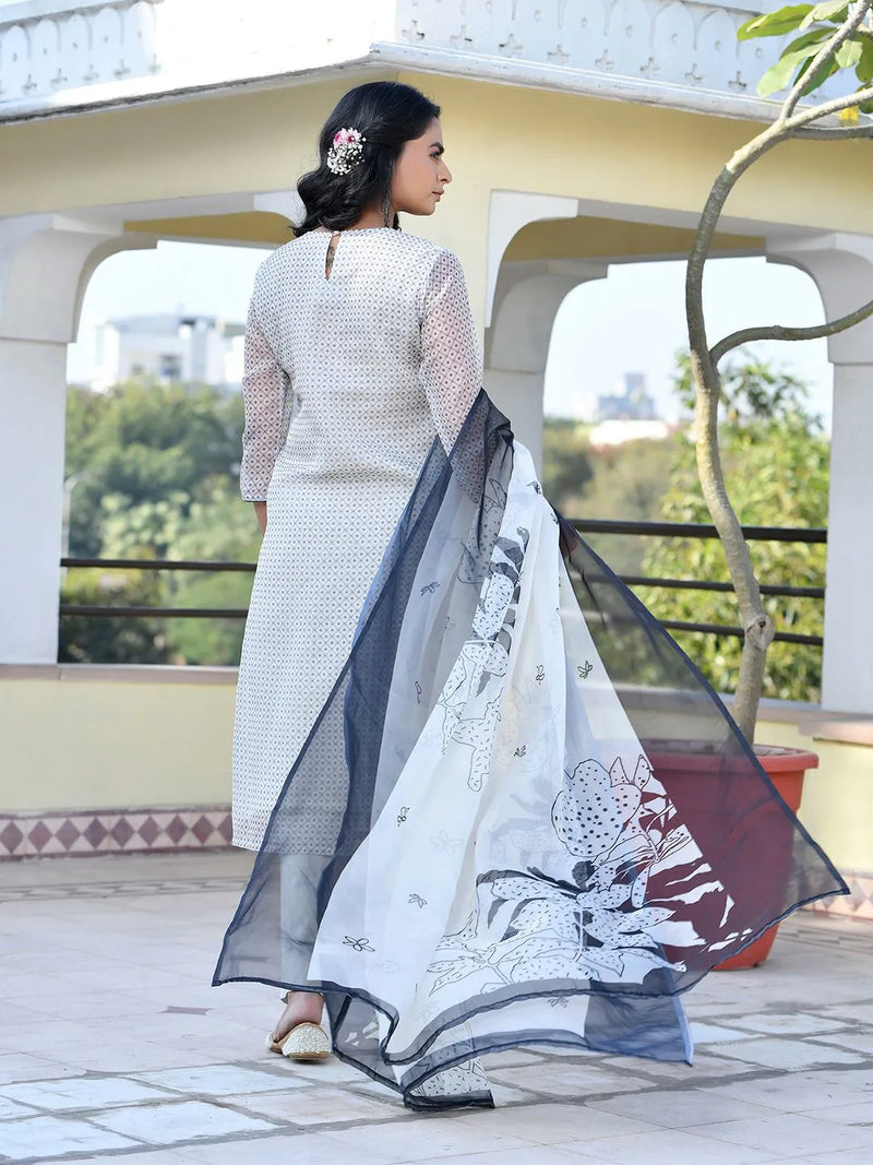 Women Grey Monotone Organza Digital Printed Suit Set (Set of 5 Pc)