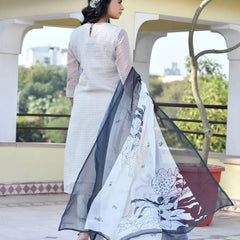 Women Grey Monotone Organza Digital Printed Suit Set (Set of 5 Pc)