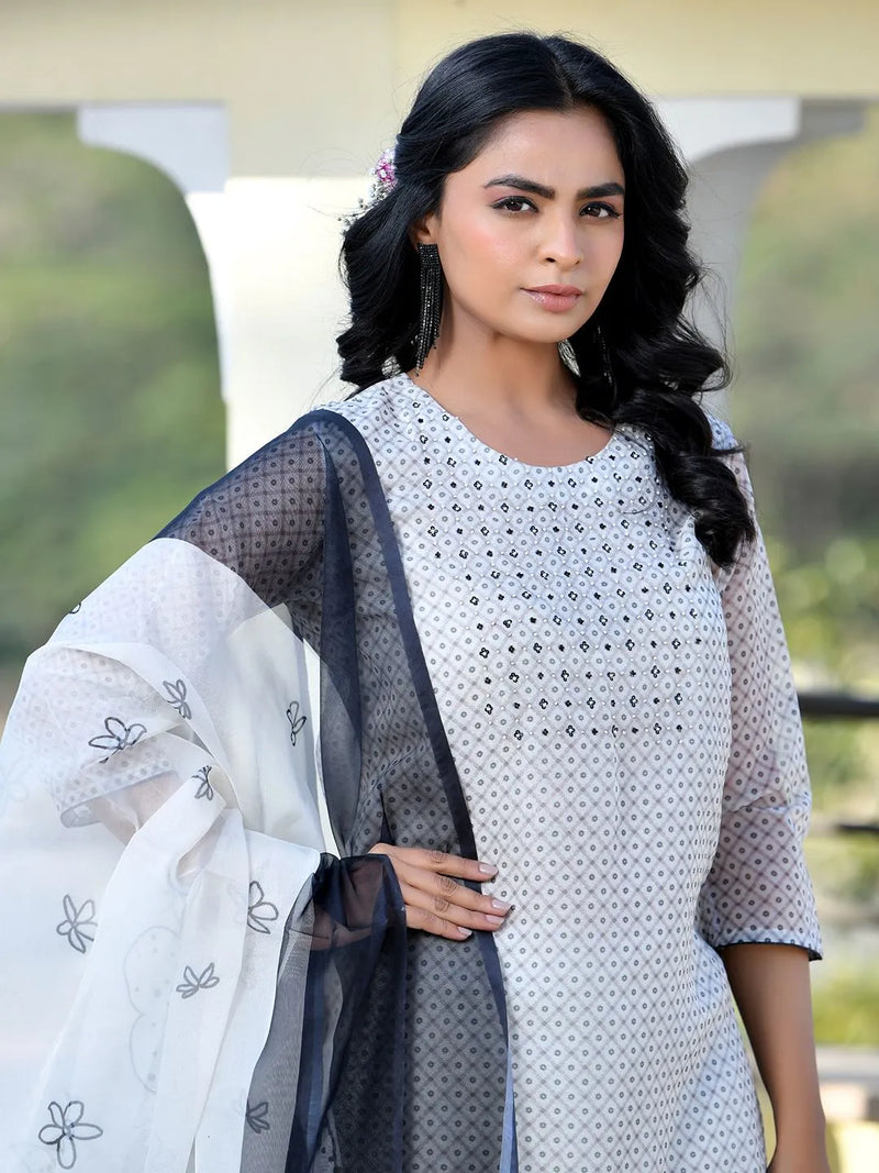 Women Grey Monotone Organza Digital Printed Suit Set (Set of 5 Pc)
