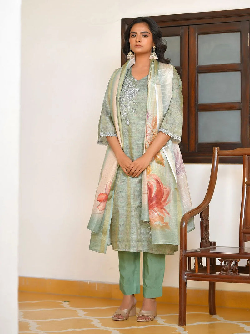 Women Tissue Shimmer Digital Printed Suit Set (Set of 5 Pc)