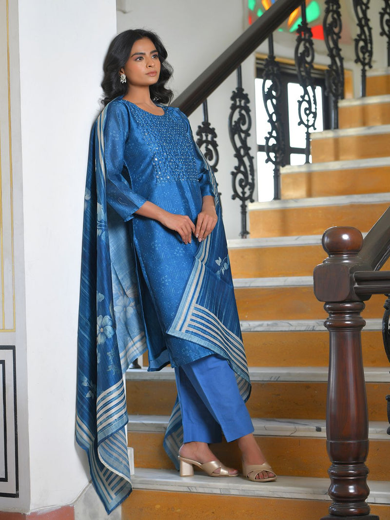 Women Indigo Muslin Digital Printed Suit Set (Set of 5 Pc)