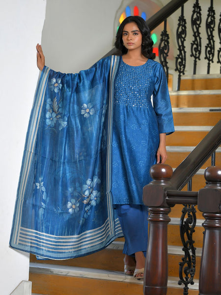 Women Indigo Muslin Digital Printed Suit Set (Set of 5 Pc)