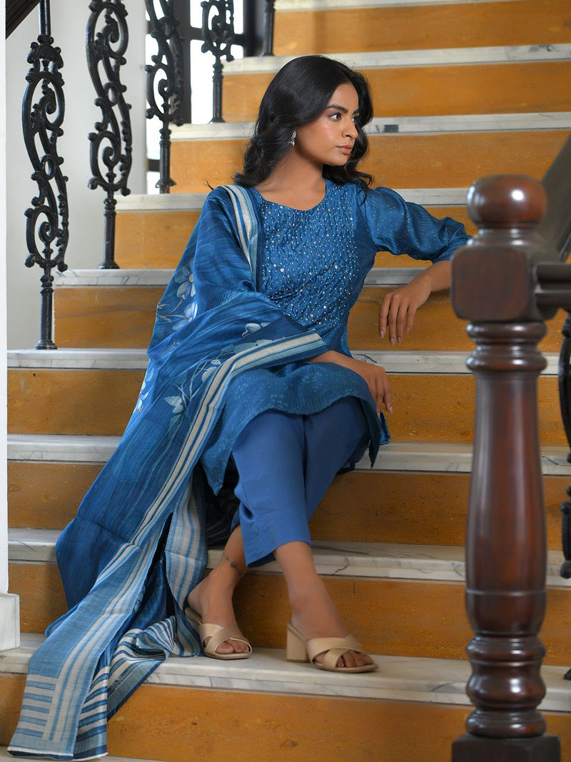 Women Indigo Muslin Digital Printed Suit Set (Set of 5 Pc)