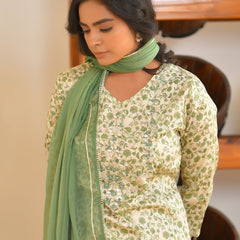 Women Cream Cotton Foil PrintedEmbroidered Suit Set (Set of 5 Pc)