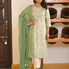 Women Cream Cotton Foil PrintedEmbroidered Suit Set (Set of 5 Pc)