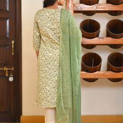 Women Cream Cotton Foil PrintedEmbroidered Suit Set (Set of 5 Pc)