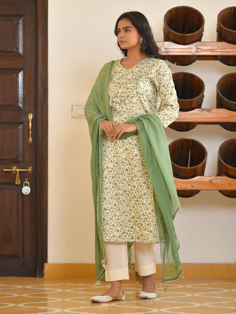 Women Cream Cotton Foil PrintedEmbroidered Suit Set (Set of 5 Pc)
