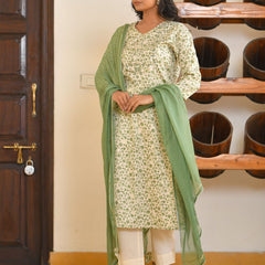 Women Cream Cotton Foil PrintedEmbroidered Suit Set (Set of 5 Pc)