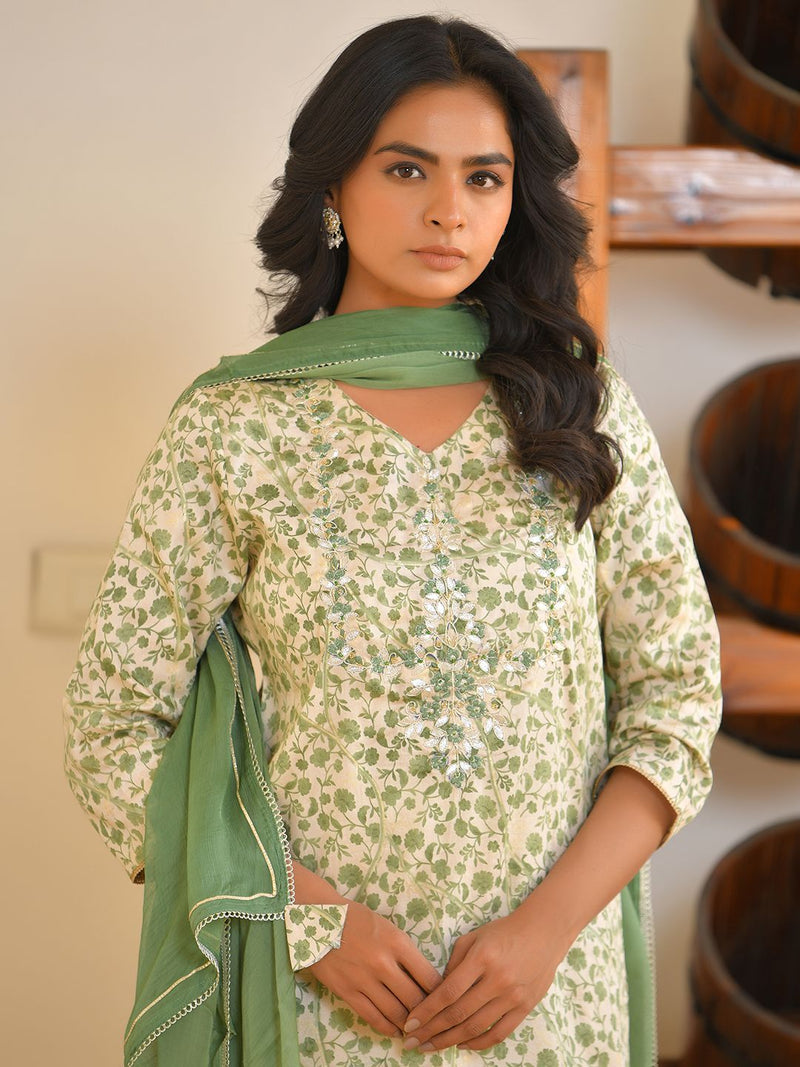 Women Cream Cotton Foil PrintedEmbroidered Suit Set (Set of 5 Pc)