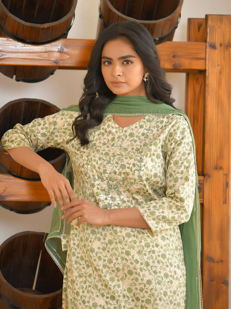 Women Cream Cotton Foil PrintedEmbroidered Suit Set (Set of 5 Pc)