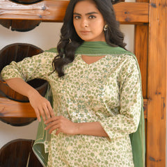Women Cream Cotton Foil PrintedEmbroidered Suit Set (Set of 5 Pc)