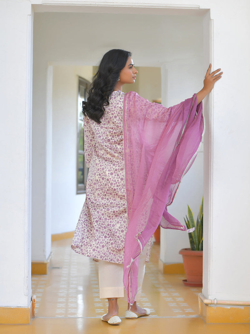 Women Cream Cotton Foil PrintedEmbroidered Suit Set (Set of 5 Pc)