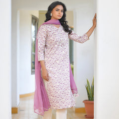 Women Cream Cotton Foil PrintedEmbroidered Suit Set (Set of 5 Pc)