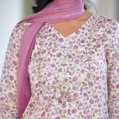 Women Cream Cotton Foil PrintedEmbroidered Suit Set (Set of 5 Pc)