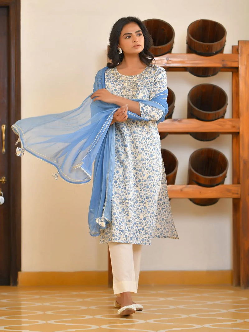Women Classic Cream Cotton Foil PrintedEmbroidered Suit Set (Set of 5 Pc)