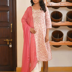 Women Classic Cream Cotton Foil PrintedEmbroidered Suit Set (Set of 5 Pc)