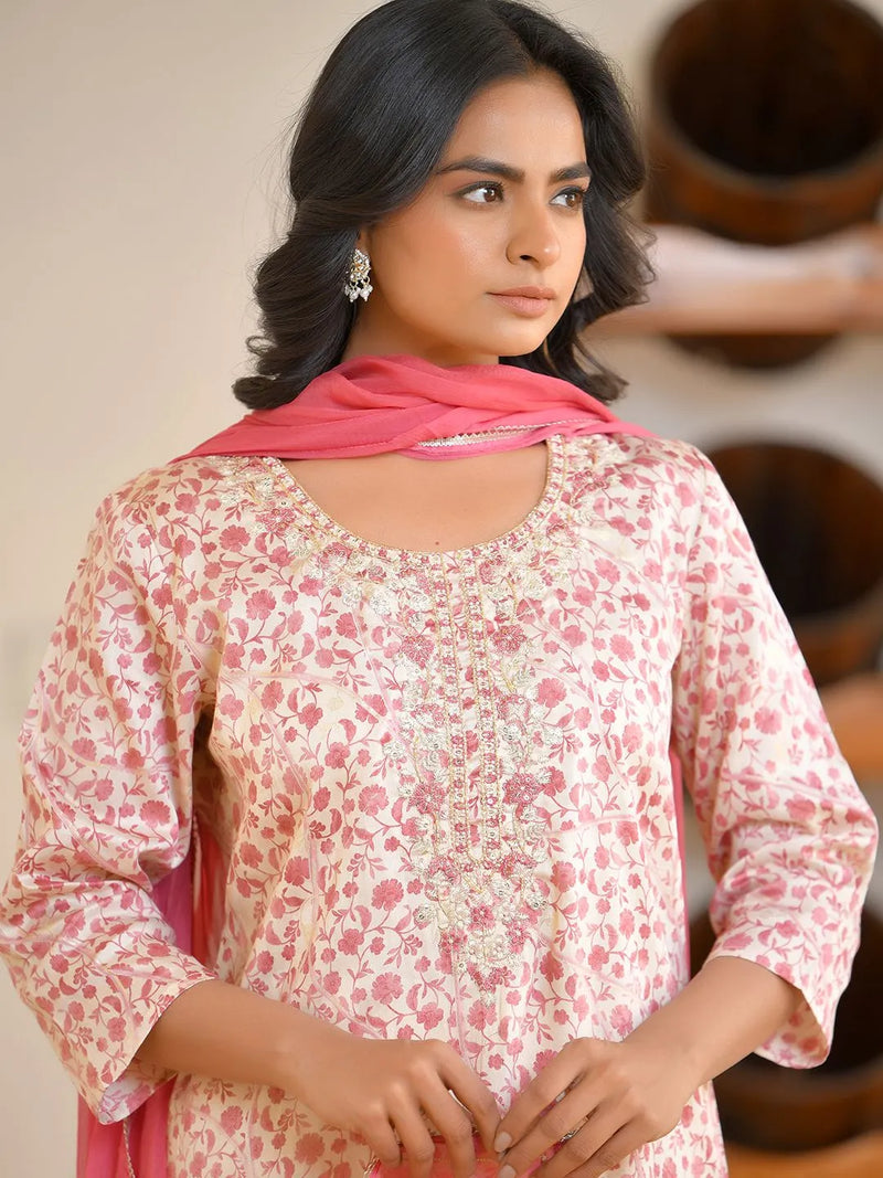 Women Classic Cream Cotton Foil PrintedEmbroidered Suit Set (Set of 5 Pc)