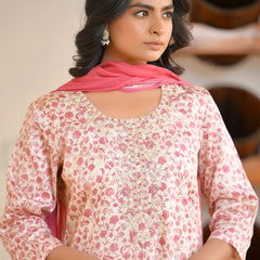 Women Classic Cream Cotton Foil PrintedEmbroidered Suit Set (Set of 5 Pc)