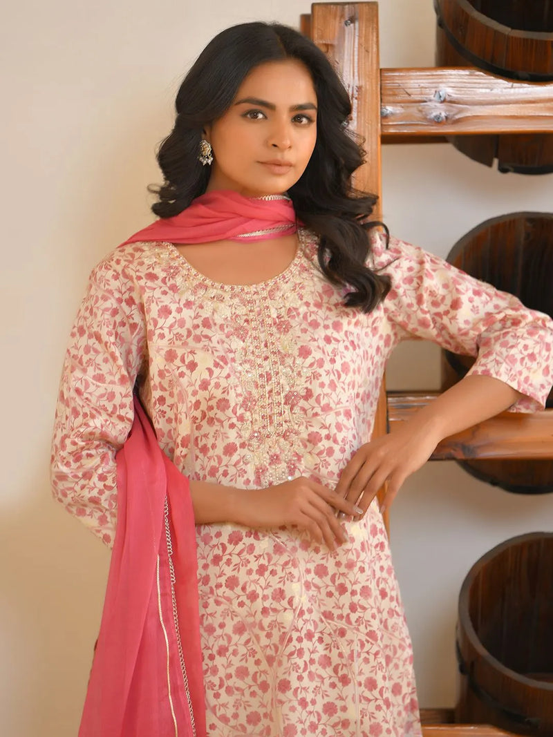 Women Classic Cream Cotton Foil PrintedEmbroidered Suit Set (Set of 5 Pc)