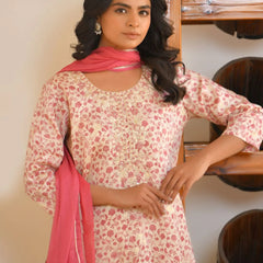 Women Classic Cream Cotton Foil PrintedEmbroidered Suit Set (Set of 5 Pc)