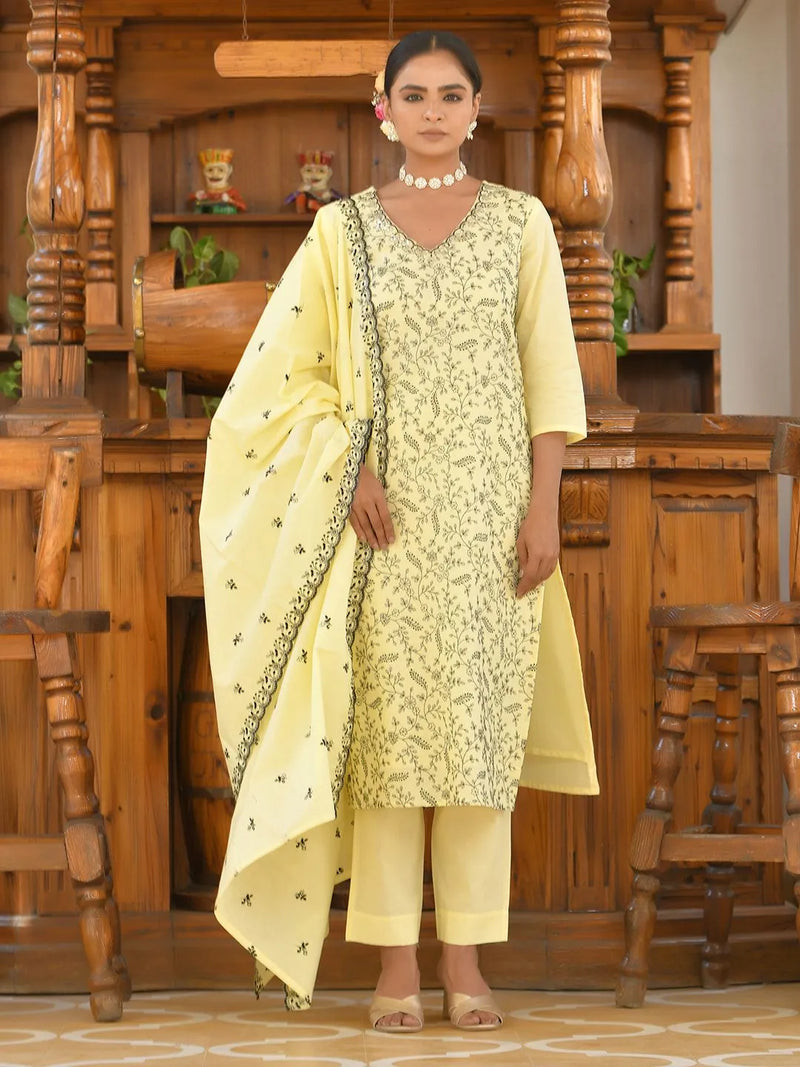 Women Cotton Solid Embroidered Suit Set (Set of 5 Pc)
