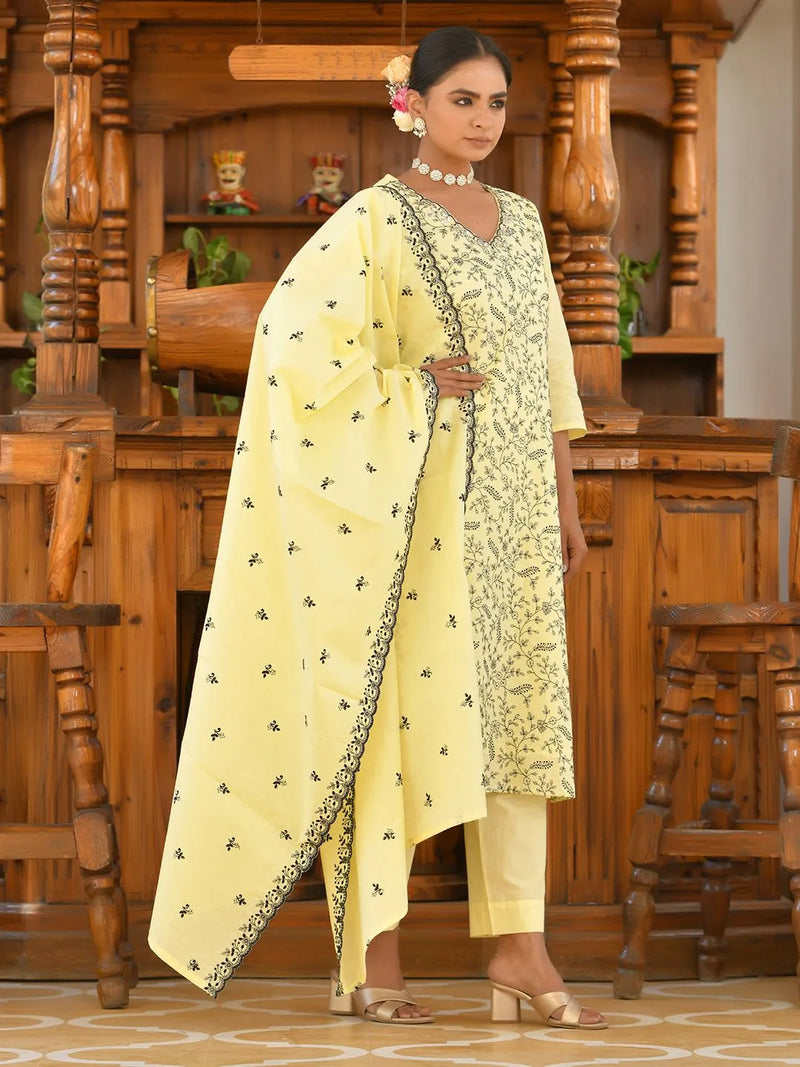 Women Cotton Solid Embroidered Suit Set (Set of 5 Pc)