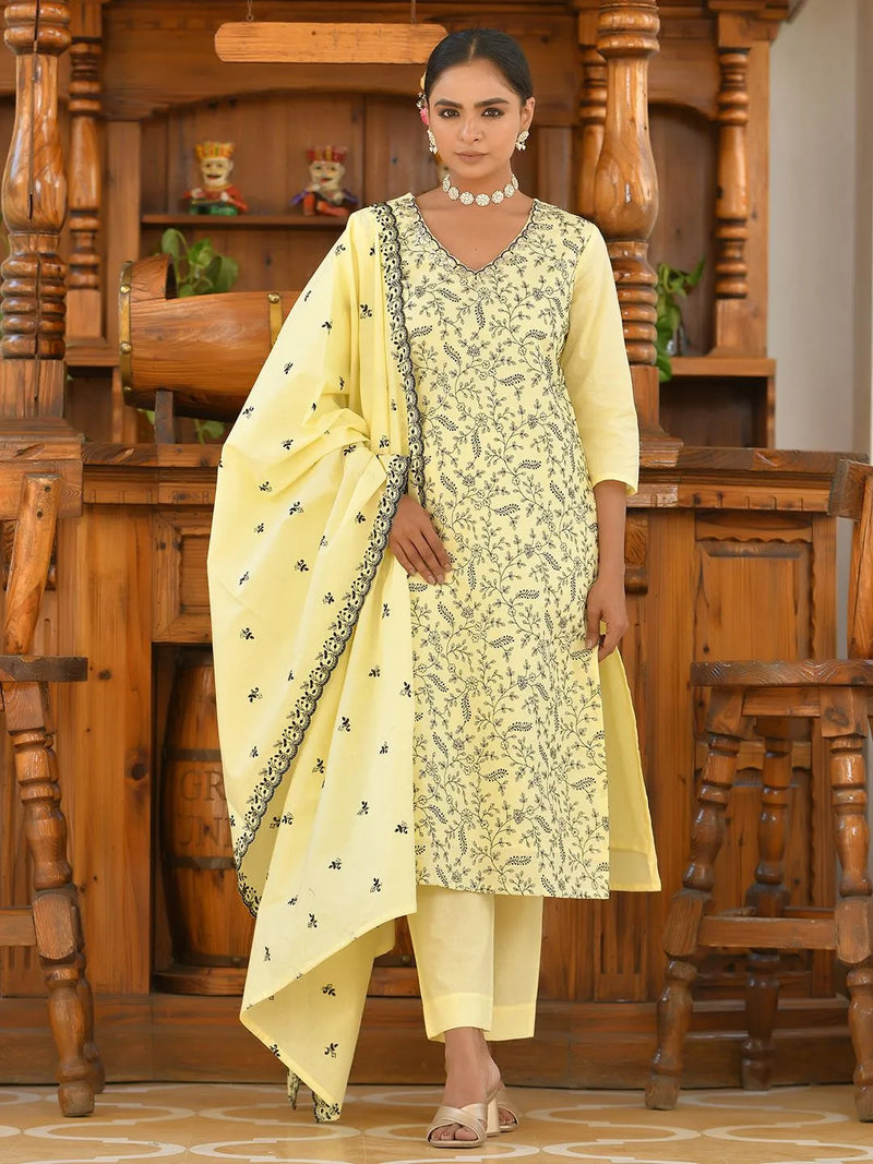 Women Cotton Solid Embroidered Suit Set (Set of 5 Pc)