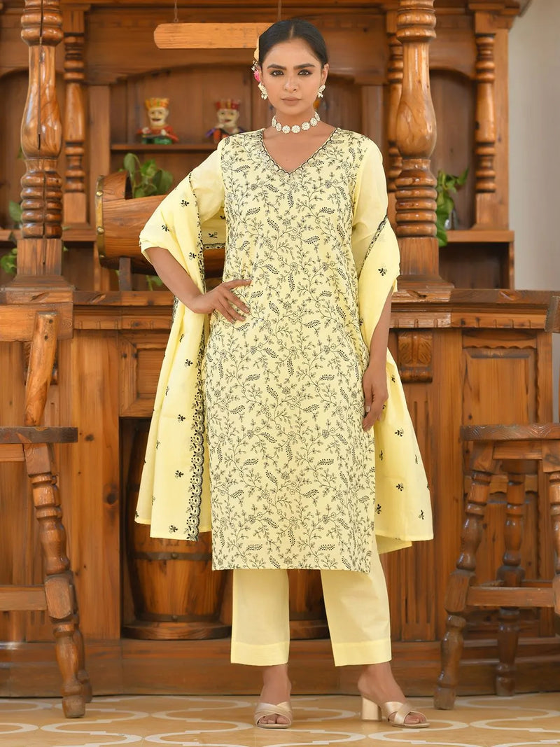 Women Cotton Solid Embroidered Suit Set (Set of 5 Pc)