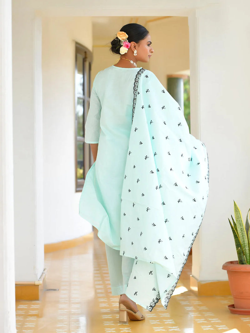Women Cotton Solid Embroidered Suit Set (Set of 5 Pc)