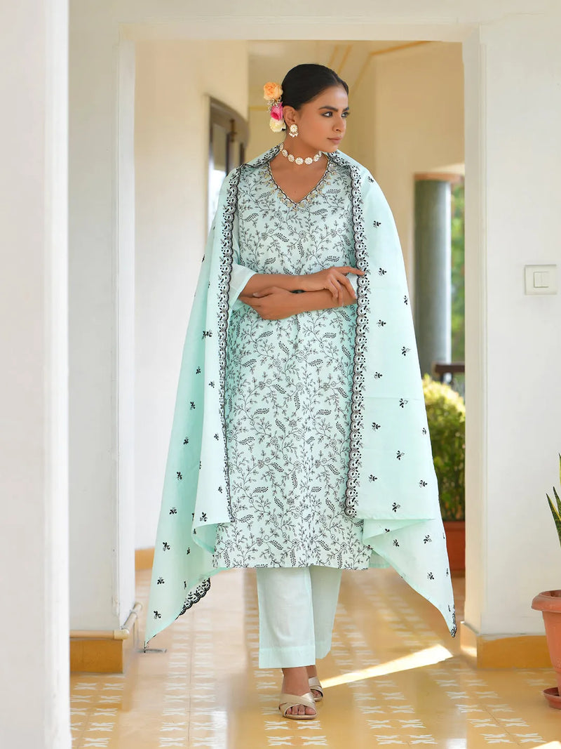Women Cotton Solid Embroidered Suit Set (Set of 5 Pc)