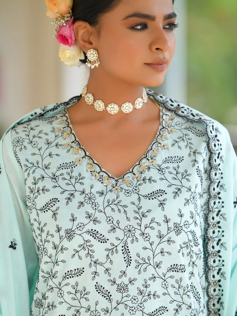 Women Cotton Solid Embroidered Suit Set (Set of 5 Pc)