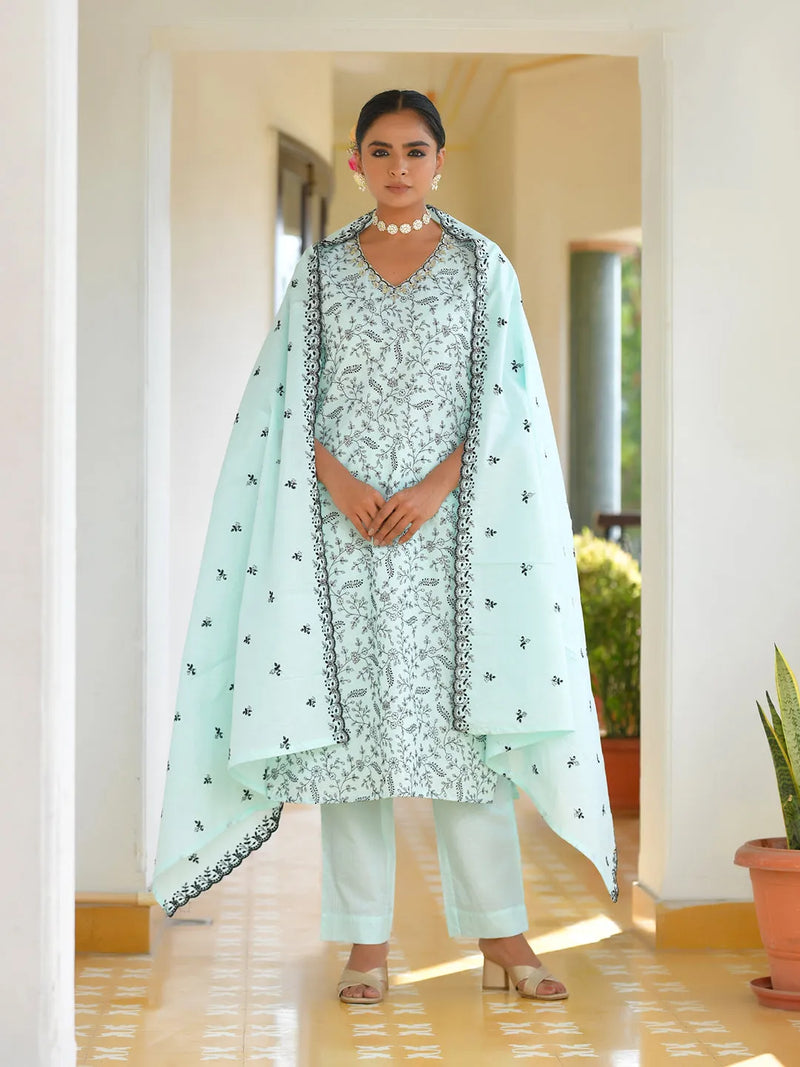 Women Cotton Solid Embroidered Suit Set (Set of 5 Pc)