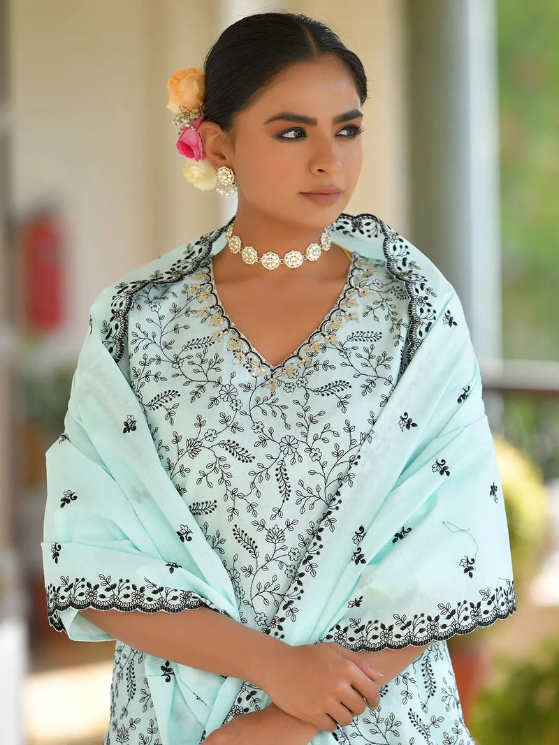 Women Cotton Solid Embroidered Suit Set (Set of 5 Pc)