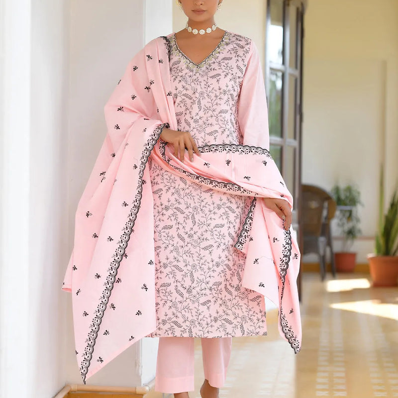 Women Cotton Solid Embroidered Suit Set (Set of 5 Pc)