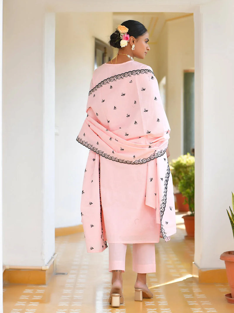 Women Cotton Solid Embroidered Suit Set (Set of 5 Pc)