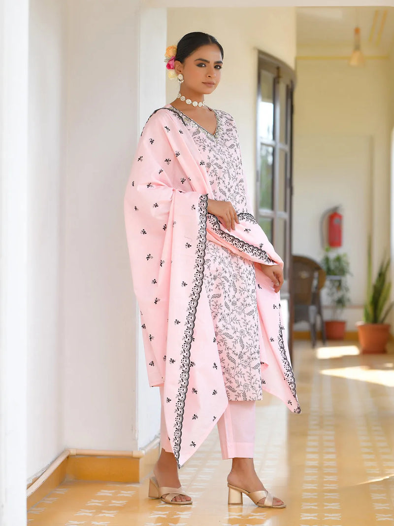 Women Cotton Solid Embroidered Suit Set (Set of 5 Pc)