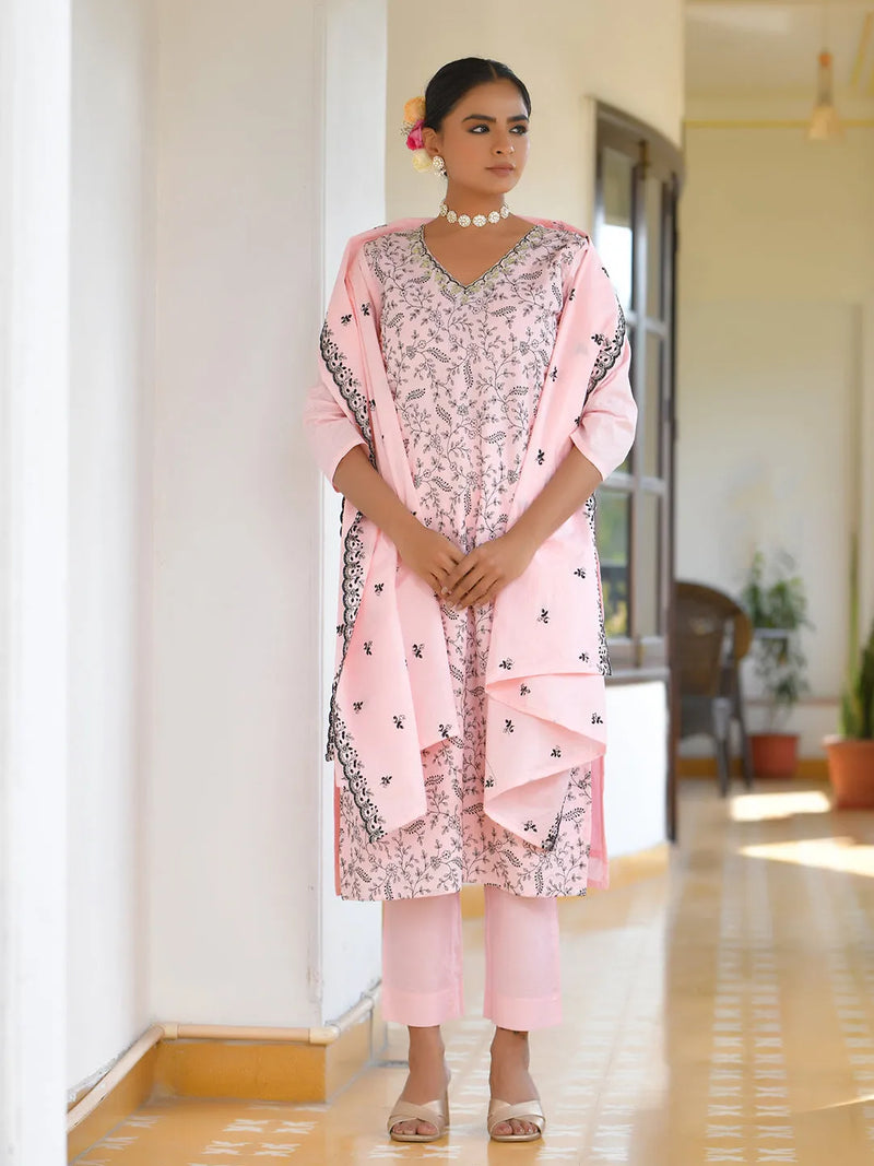 Women Cotton Solid Embroidered Suit Set (Set of 5 Pc)