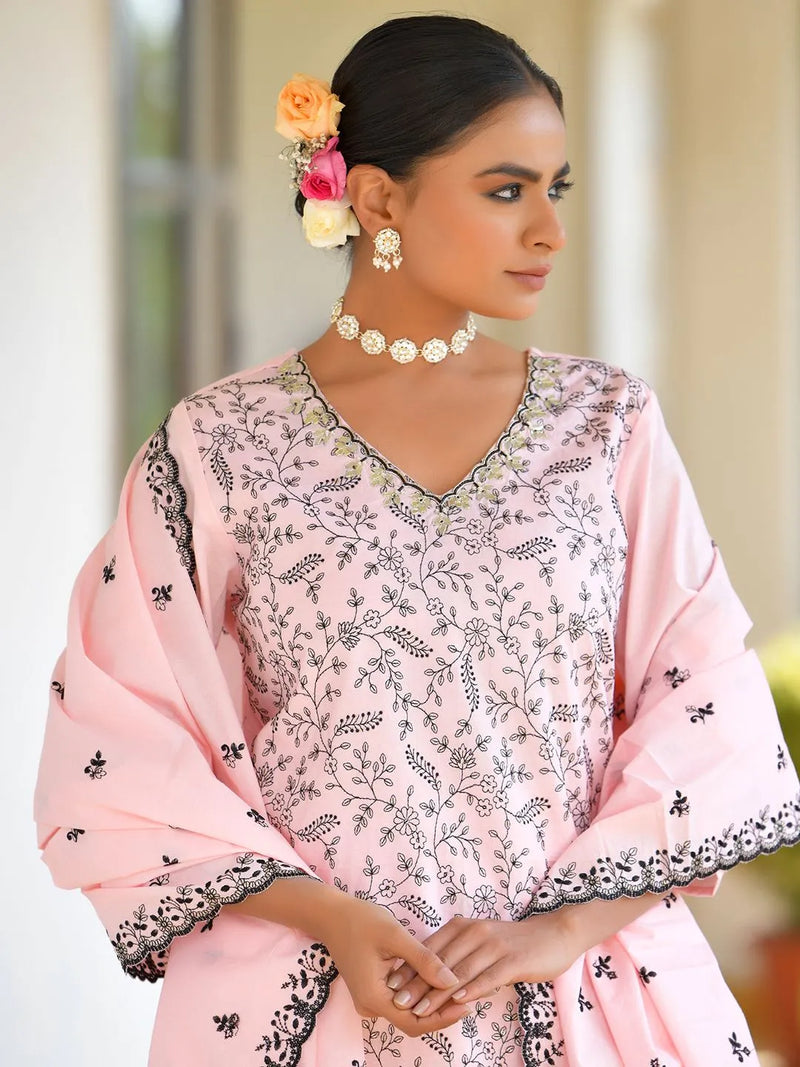Women Cotton Solid Embroidered Suit Set (Set of 5 Pc)
