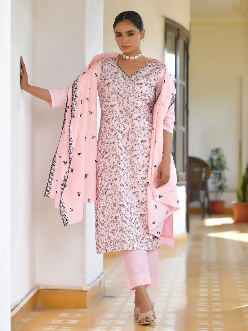 Women Cotton Solid Embroidered Suit Set (Set of 5 Pc)
