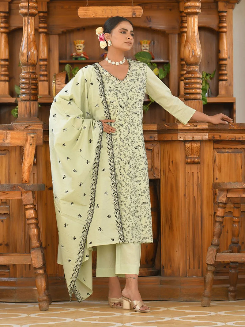 Women Cotton Solid Embroidered Suit Set (Set of 5 Pc)
