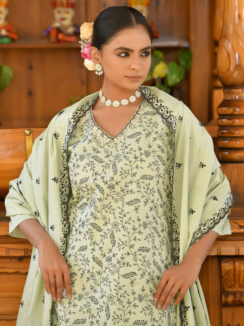 Women Cotton Solid Embroidered Suit Set (Set of 5 Pc)