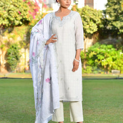 Women Grey Linen Suit  Set With Cutwork Dupatta (Set of 5 Pc)