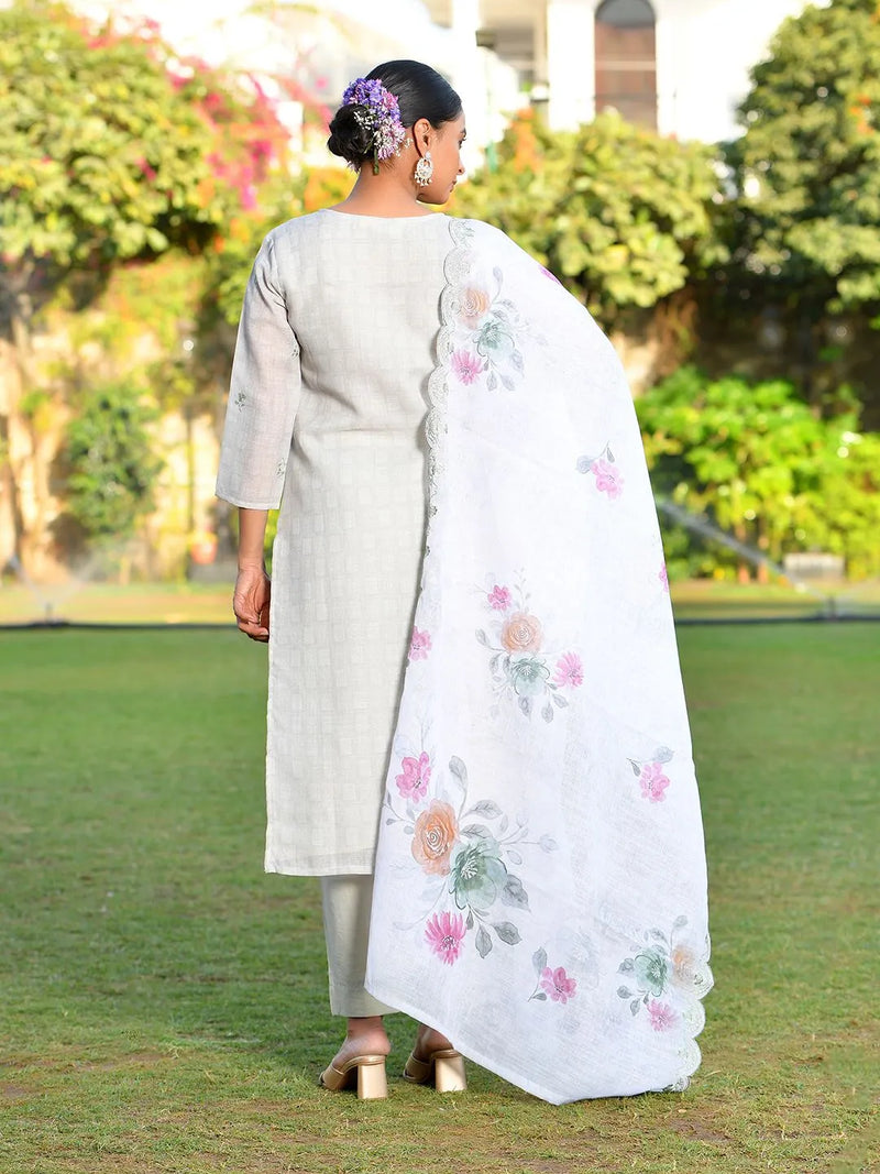Women Grey Linen Suit  Set With Cutwork Dupatta (Set of 5 Pc)